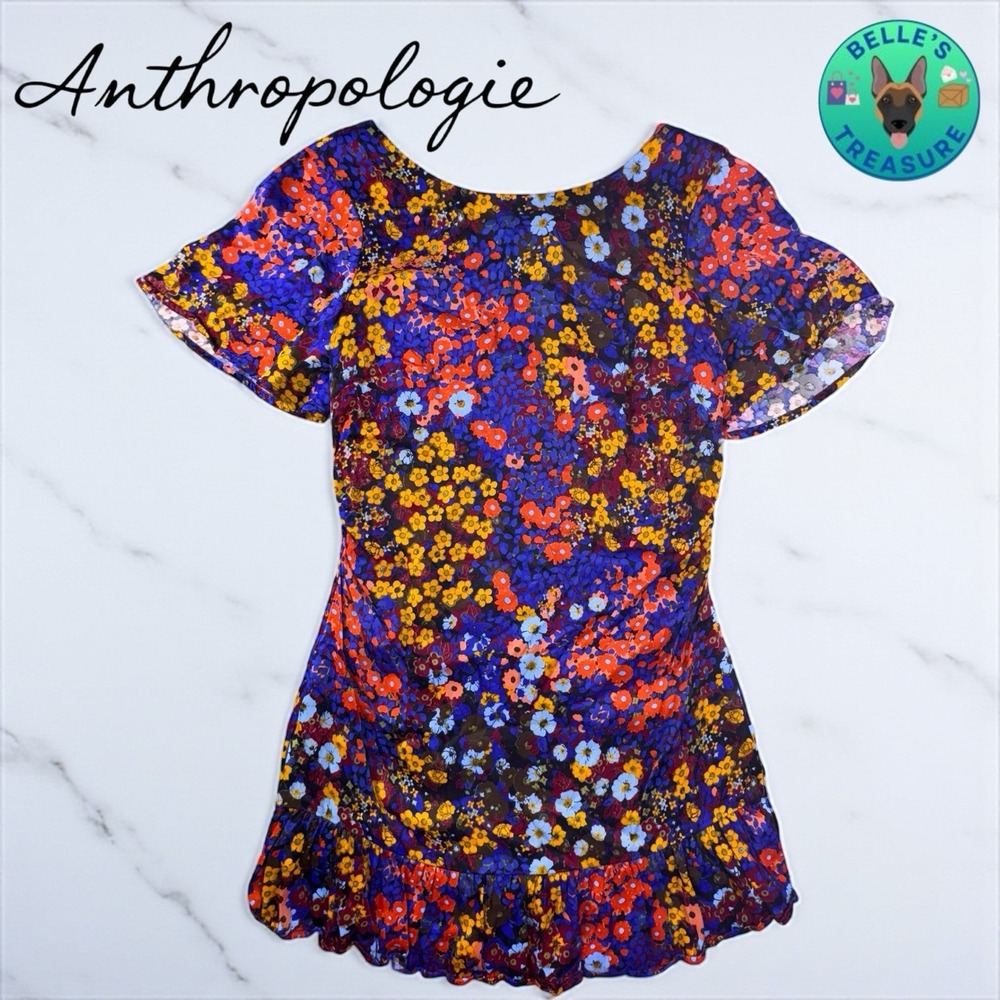 Anthropologie Dress Women's 8 Floral Ruffled Satin Mini Drop Waist Open Back Bow